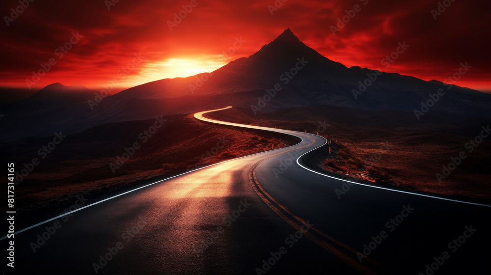 Panoramic Image of a Lonely, Endless Road During Red Sunset