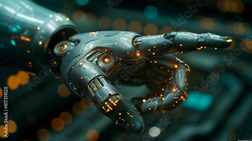 Artificial intelligence robot hand pointing finger in the style of human touch, technology and people concept on dark background with copy space area for text.
