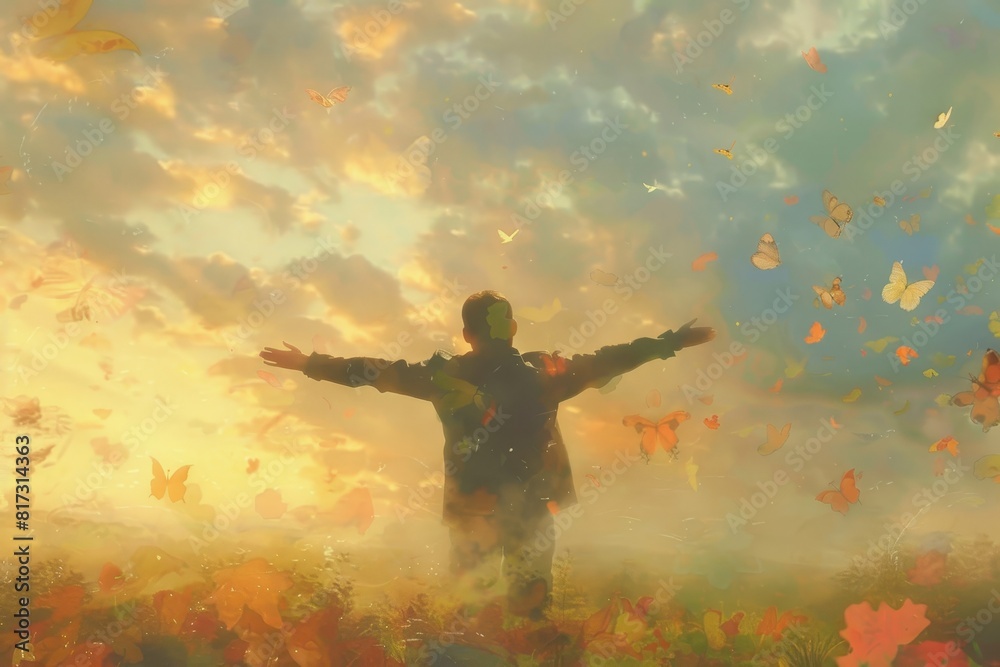 Man Standing With Outstretched Arms in Field of Butterflies. Generative AI