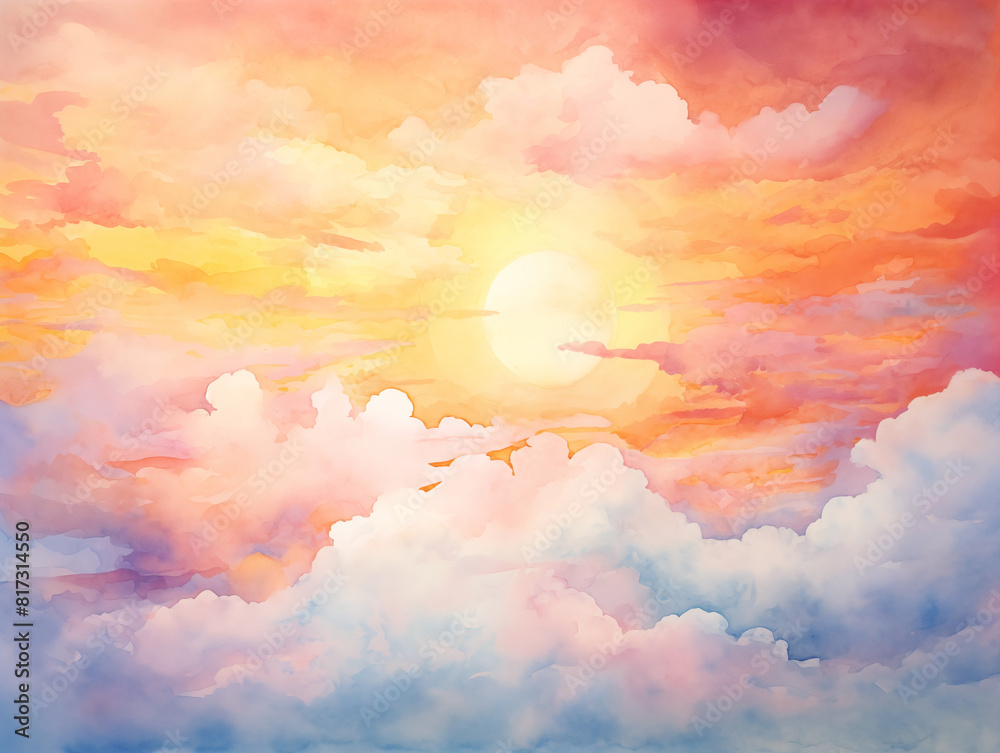 A watercolor simple painting of cloudy sunset with clouds and sun