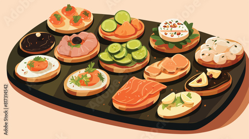 Tasty canapes on slate plate 2d flat cartoon vactor