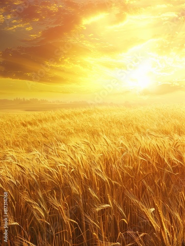 A golden wheat field illuminated by the setting sun  creating a warm and vibrant atmosphere. Generative AI