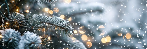 A panoramic view of frosted fir branches illuminated by warm bokeh lights, conveying a wintry holiday feel