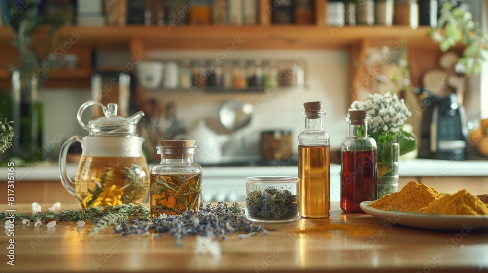 natural remedies and herbal teas on a kitchen counter, promoting holistic wellness and alternative medicine ideas natural remedies and herbal teas on a kitchen counter, promoting holistic wellness and alternative medicine ideas