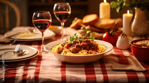 spaghetti pasta with meatballs and wine served on a red checked tablecloth with candles. 
