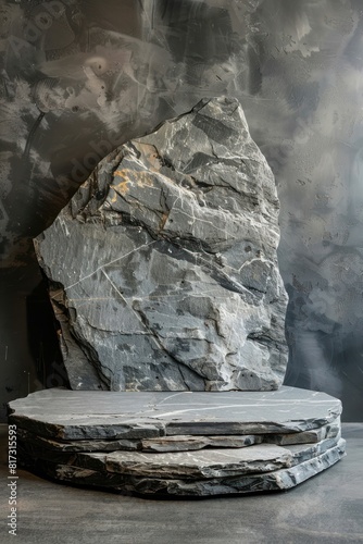 Gray stone or rock podium or pedestal for product display on gray stone background. photo