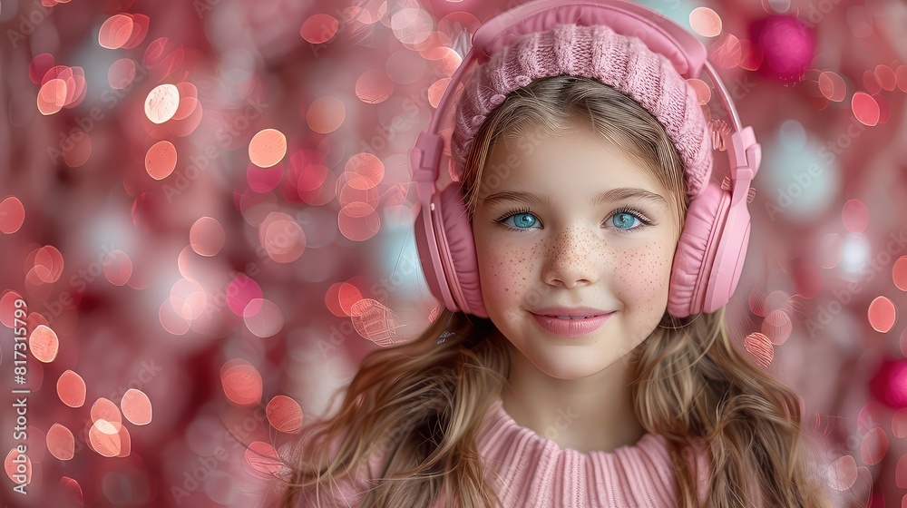Joyous Young Girl Immersed in Music with Pink Headphones Against a Festive Background Joyous Young Girl Immersed in Music with Pink Headphones Against a Festive Background