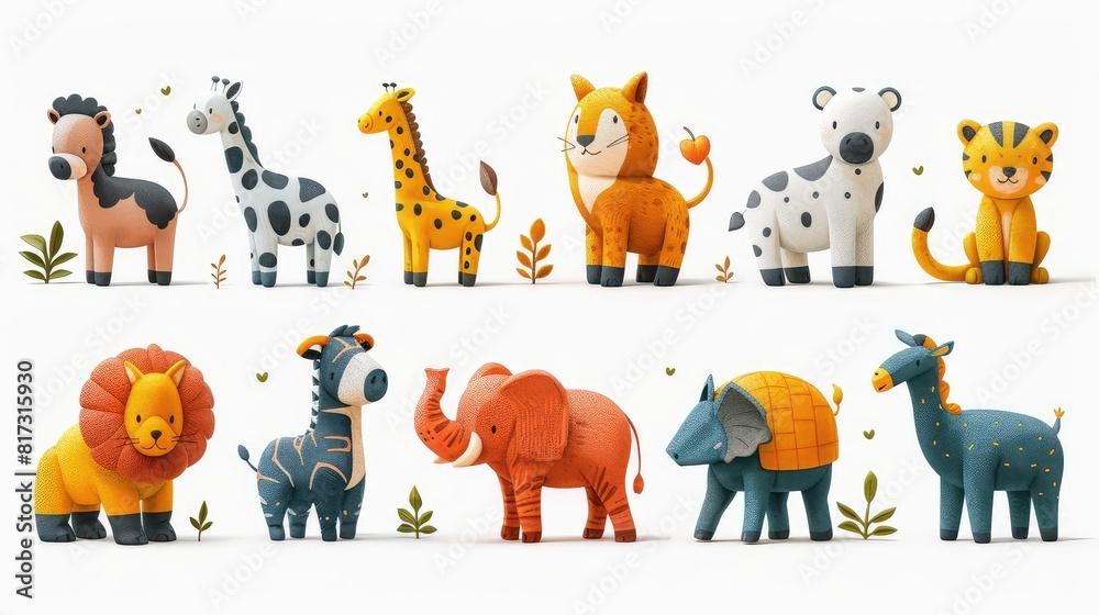 Fototapeta premium Whimsical Collection of Colorful Stylized Animal Illustrations - A Vibrant and Artistic Display of Wildlife in a Unique Style
