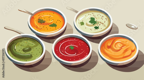 Tasty sauces in bowls on grey background 2d flat ca