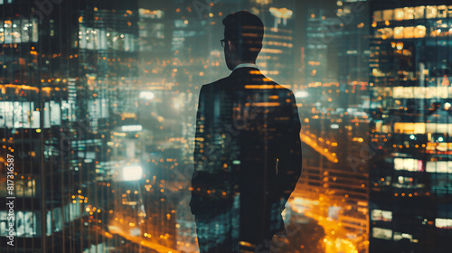 silhouette of a business man against the background of a night city  business concept