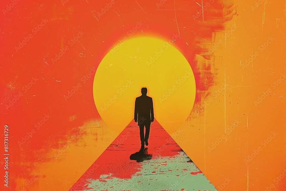 Man Walking Down Path in Front of Orange Sunset. Generative AI Man Walking Down Path in Front of Orange Sunset. Generative AI