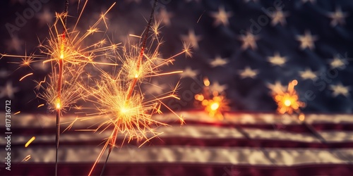 An image depicts sparklers brilliantly lit with a blurry American flag in the background  evoking patriotism