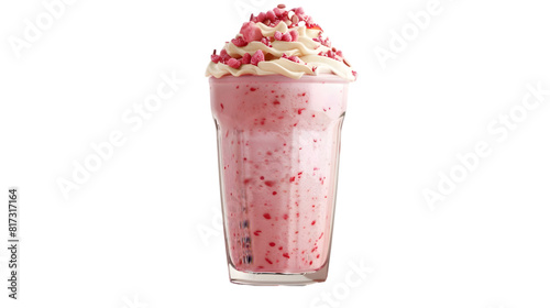  A photorealistic image of a strawberry shake with a dollop of cream and a sprinkle of pink sprinkles, in a transparent glass, on a, transparent background