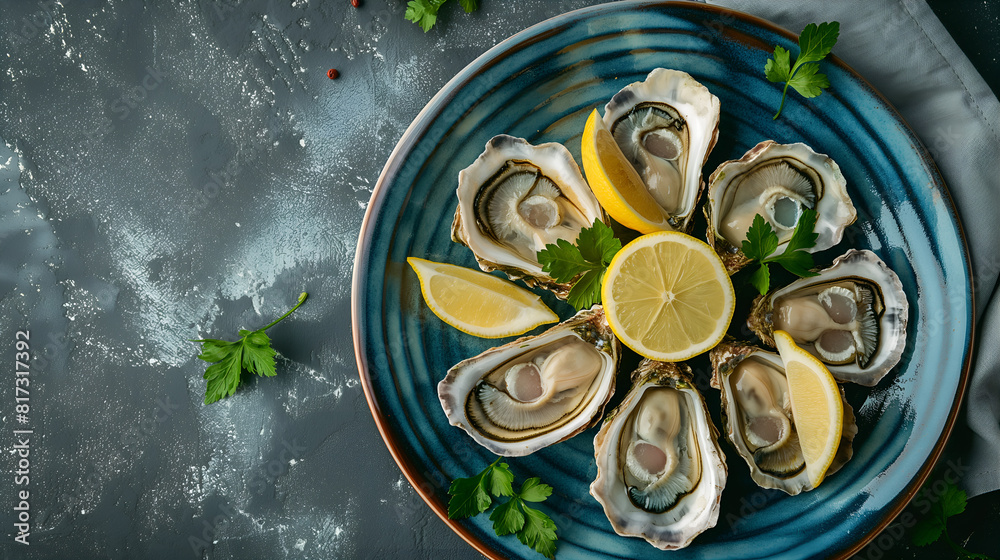 Fresh oysters in a plate with lemon, food and fresh seafood Fresh oysters in a plate with lemon, food and fresh seafood