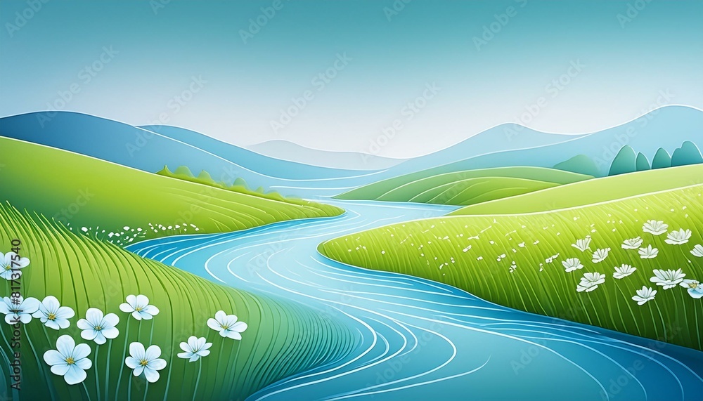 Obraz premium A gentle river flowing through a lush, green meadow with spring flowers.