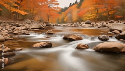 river in autumn forest. A gentle river flowing through a forest with autumn foliage. 