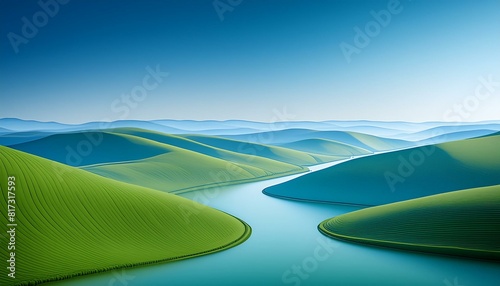 A wide river winding through rolling green hills under a clear sky.