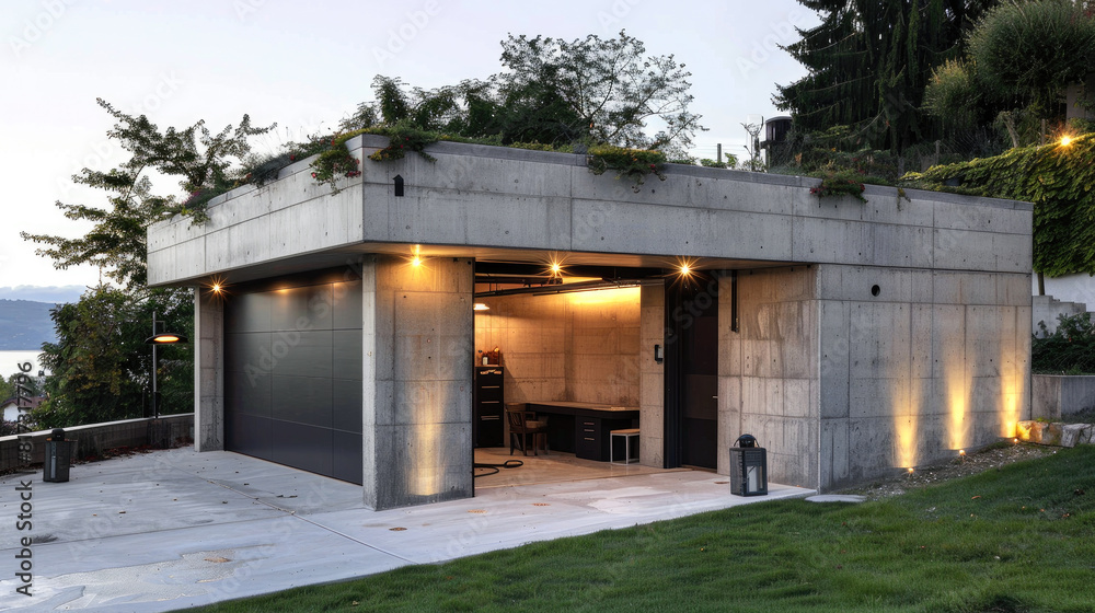 Modern garage exterior against trees, small building with concrete walls and evening light. Concept of industry, parking, entrance, house, sky Modern garage exterior against trees, small building with concrete walls and evening light. Concept of industry, parking, entrance, house, sky