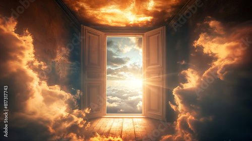 open door to heaven or paradise, new life or changes and opportunity concept, doorway to freedom, beautiful vortex sky photo