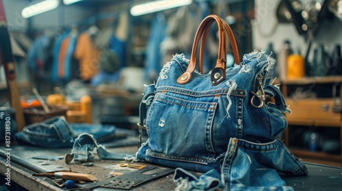 Handbag made from old jeans on dressmaker table. DIY, denim upcycling, using old jeans, upcycle denim stuff. Sustainable lifestyle, hobby, crafting, recycling, zero waste concept
