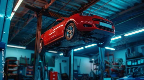 Car elevated on a lift in an auto repair shop.







