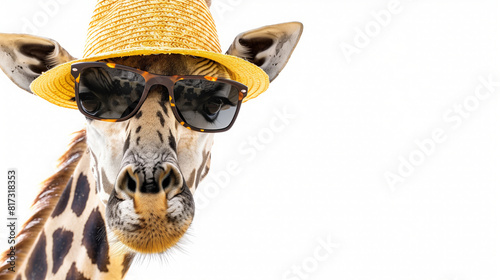 Hat wearing giraffe with sunglasses  white background  tour advertising  copy space