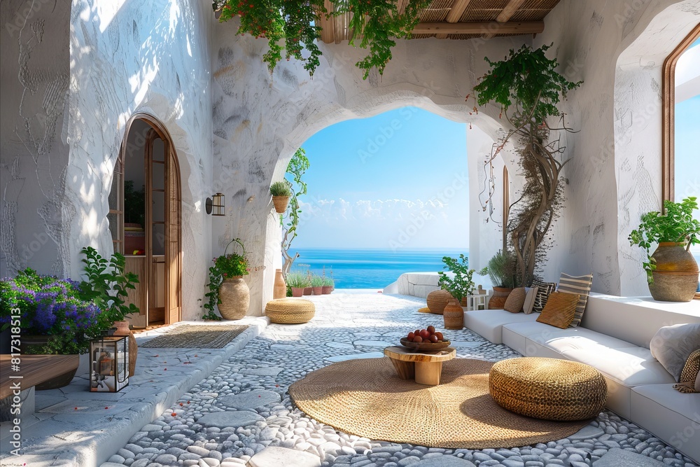 Fototapeta premium A white and stone patio with a view of the ocean.