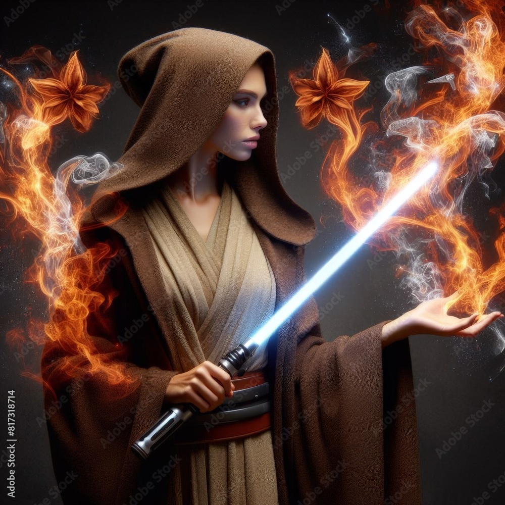 Female Jedi in flames with the sword
