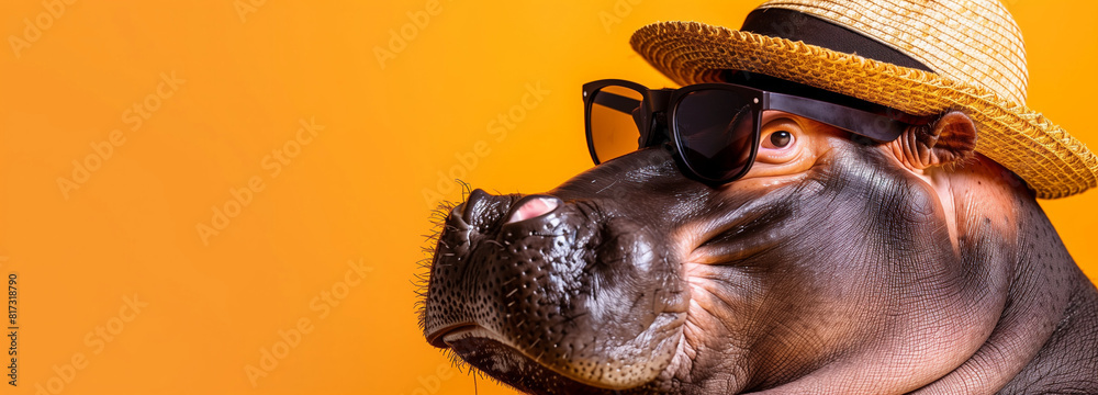 Hippo with hat and sunglasses, orange background, safari tour advertising with text space Hippo with hat and sunglasses, orange background, safari tour advertising with text space
