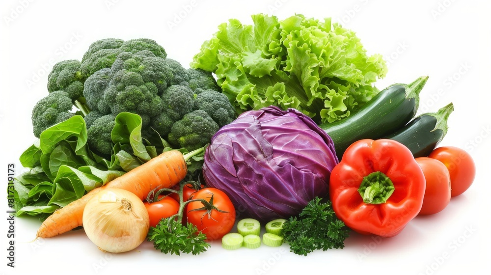 Assorted fresh vegetables on a white background.
Assorted fresh vegetables on a white background.
