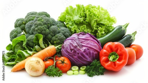 Assorted fresh vegetables on a white background.  