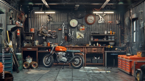 3D illustration of a fully equipped garage workshop with motorcycle.

 photo