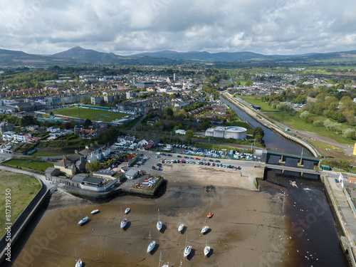 bray harbour in county wicklow, ireland, drone shot photo