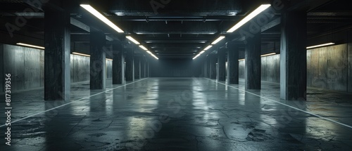 Fototapeta Naklejka Na Ścianę i Meble -  empty studio background with huge dark hall garage tunnel corridor car white windows light glow cement asphalt concrete grunge