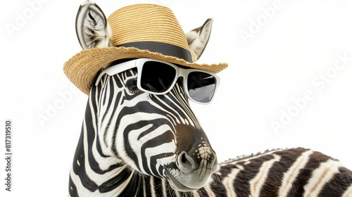 Hat wearing zebra, sunglasses, on white background, safari excursions photo