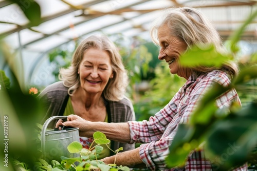 A heartwarming photo of two elderly women smiling as they tend to plants in a greenhouse photo