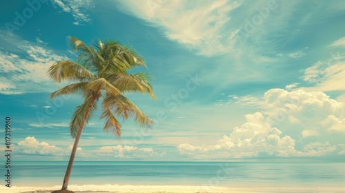 Abstract background of a palm tree on a tropical beach with a blue sky and white clouds.        