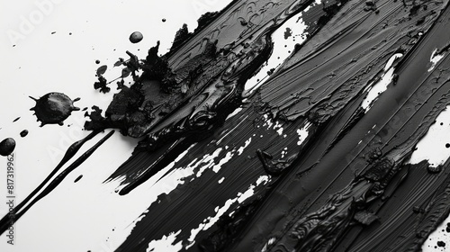 Photo of wet dark lino ink remains and black linocutting paint roller texture on white paper.