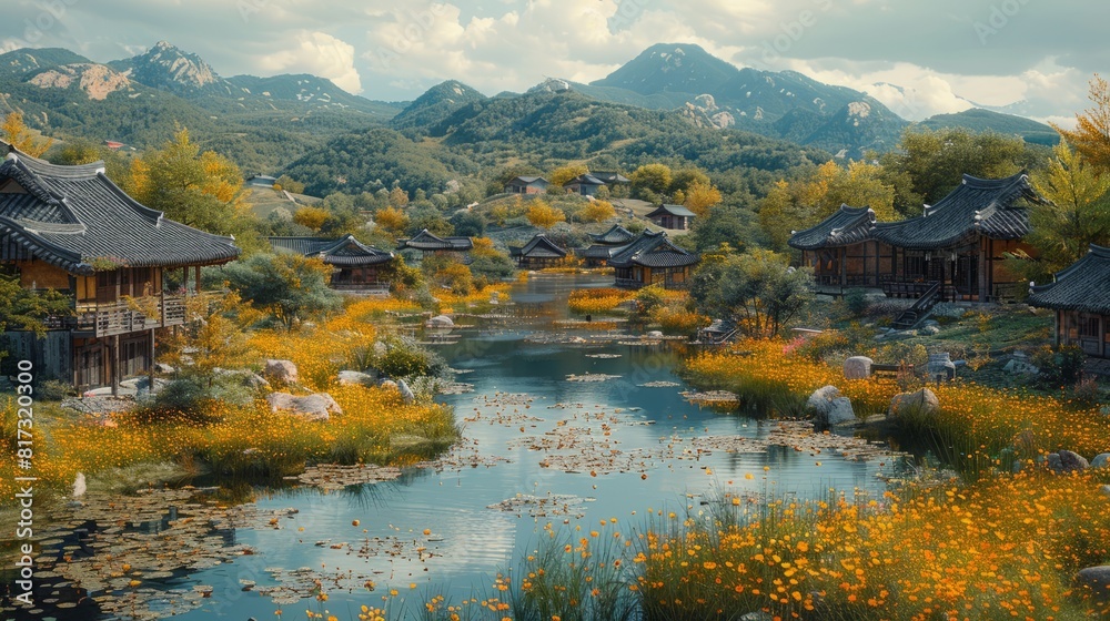 Fototapeta premium Sorae Marsh Ecological Park in Incheon, South Korea, with grass fields, windmills, and houses