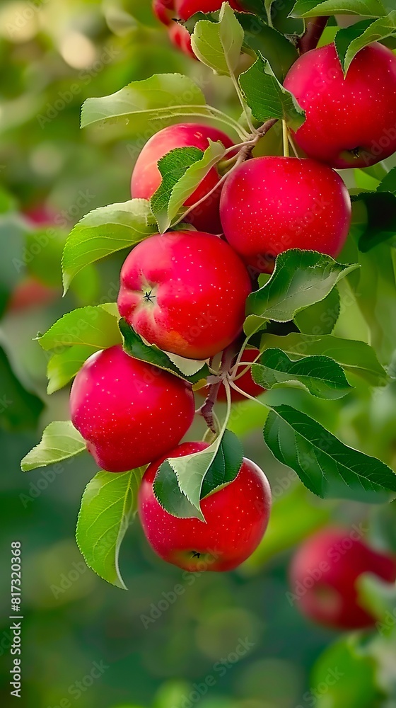A tree with many red apples hanging from it.