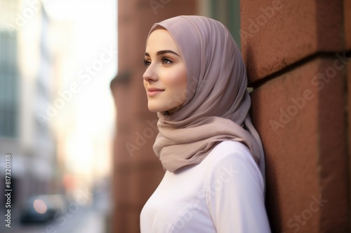 beautiful teenage girl in hijab looking away while standing by wall in city