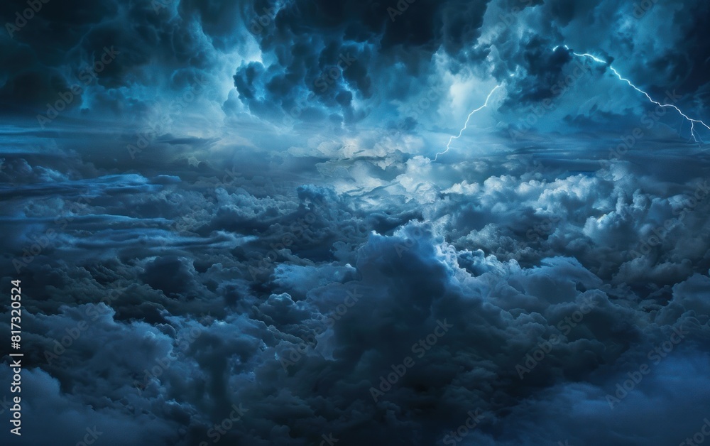 Lightning strikes in the sky, dramatic storm clouds above the clouds, ocean waves Lightning strikes in the sky, dramatic storm clouds above the clouds, ocean waves