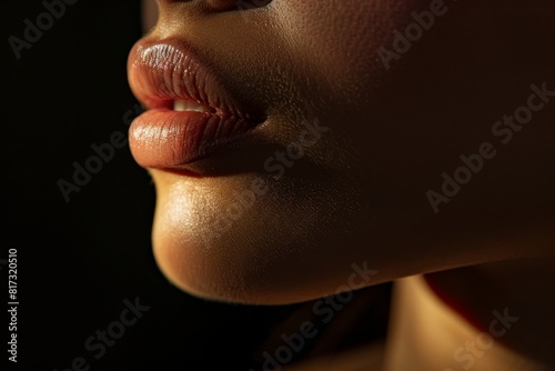 The photo focuses on the detailed texture of plump lips with serene natural lighting