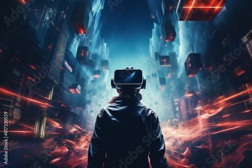 Man Wearing Virtual Reality Headset in Urban Setting