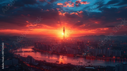 Seoul's sunset and cityscape, Hangang river, and Lotte tower are the best landmarks in Seoul, South Korea.
