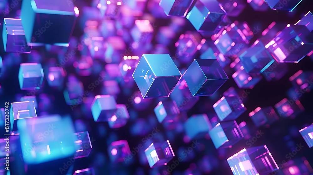 3D rendering of glowing neon cubes. Futuristic technology or gaming background. 3D rendering of glowing neon cubes. Futuristic technology or gaming background.