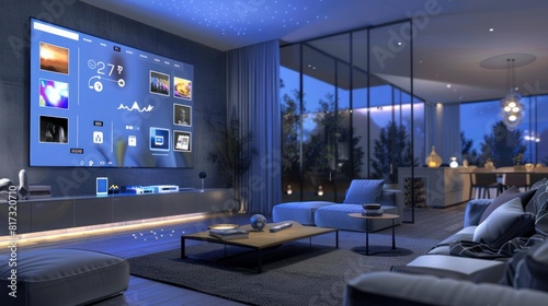 A smart screen displaying a smart home interface in a modern living room.  