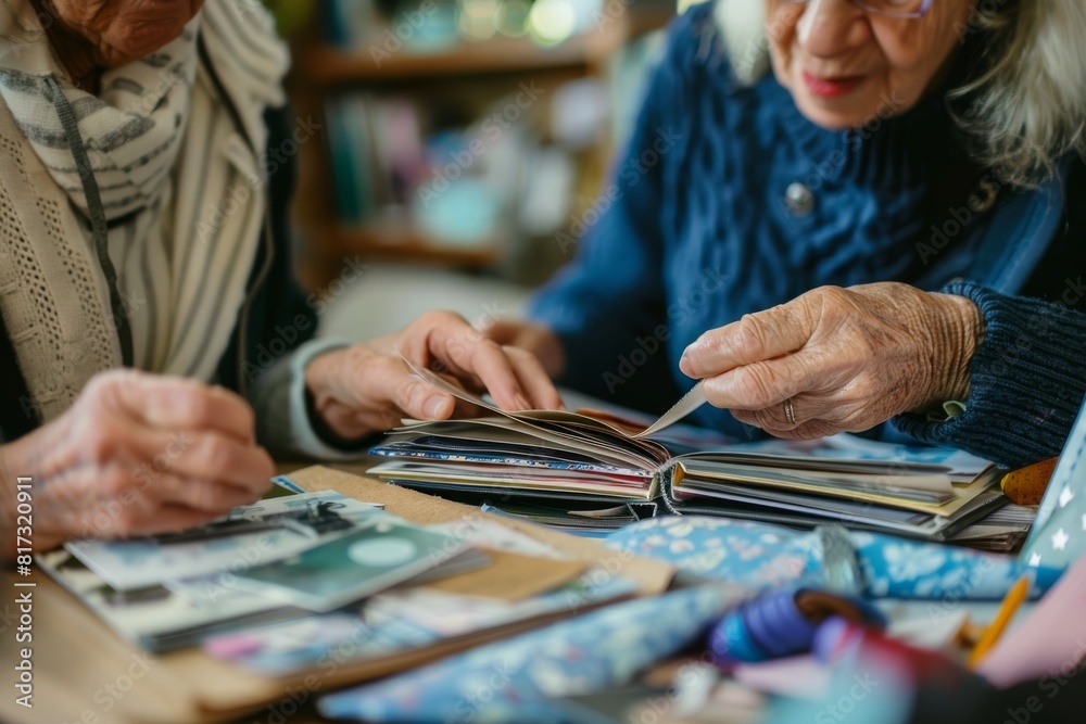 Fototapeta premium Two seniors with obscured faces examining old photographs in a photo album