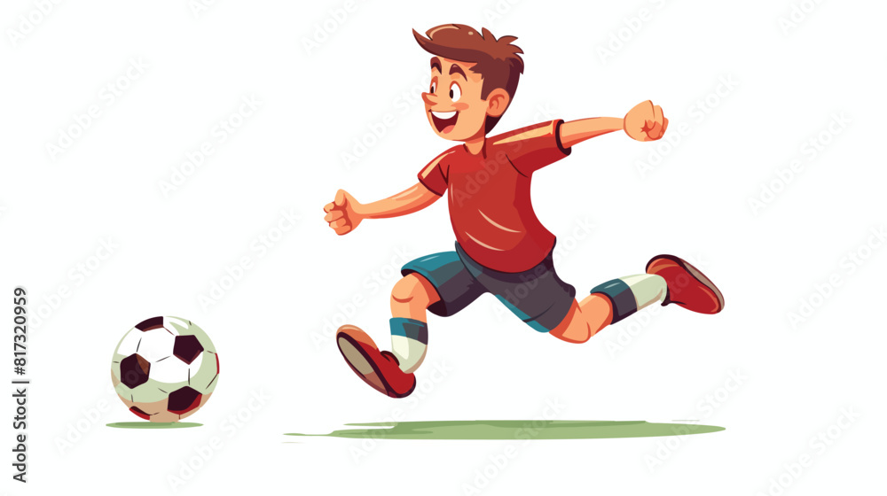 Teenage Caucasian boy kicking football ball cartoon