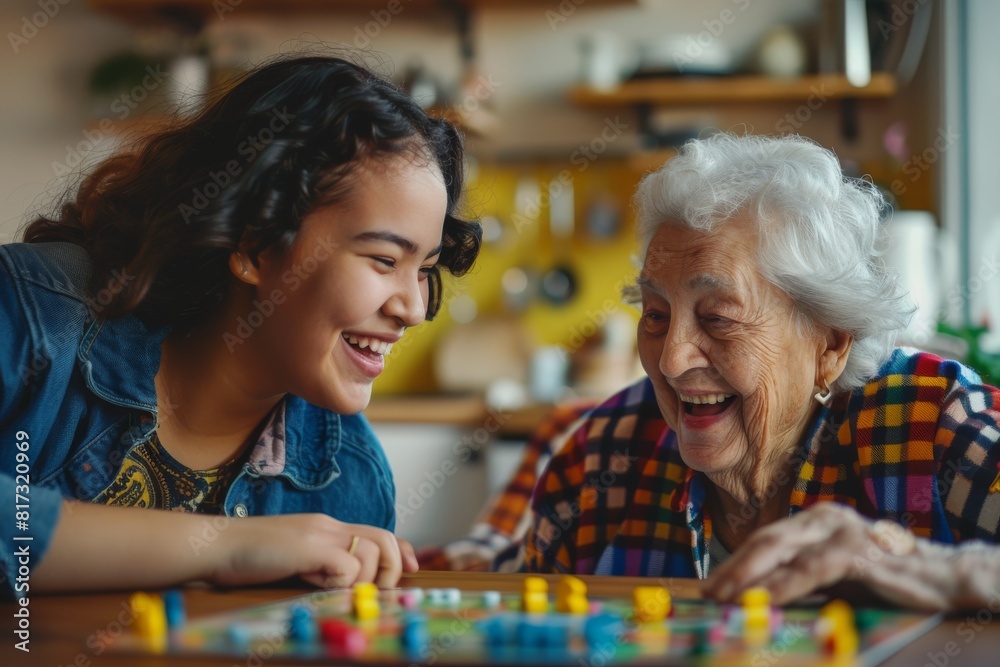 A heartwarming scene with a young person and an older woman engaging in a board game promoting intergenerational connection A heartwarming scene with a young person and an older woman engaging in a board game promoting intergenerational connection